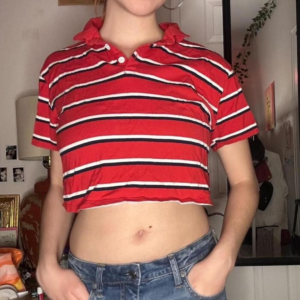 Garage y2k red striped & white polo cropped collared shirt ❤️🖤🤍